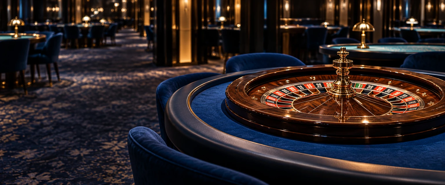 Roulette wheel in a softly lit casino room with blue velvet seating